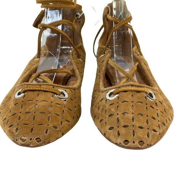 Halogen Shoes Womens Sz 7.5 Nella Ghillie Camel Suede Ankle Wrap Flats Nwob - Picture 3 of 8